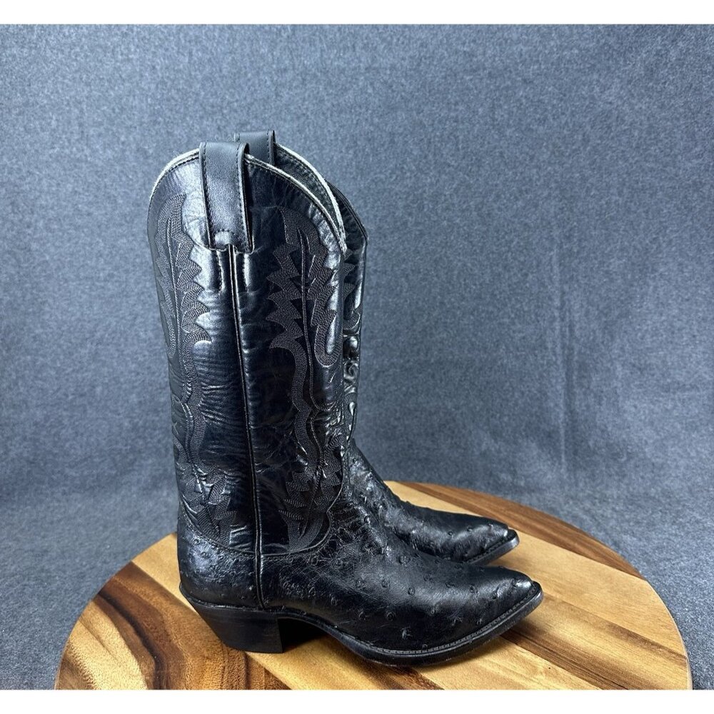 VTG Justin Boots 0975 Ostrich Leather Black Western Boots Exotic Size 5.5 B